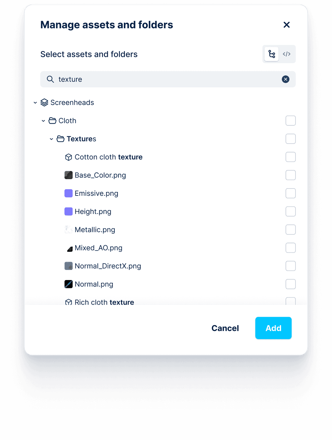 Manage assets and folders dialog