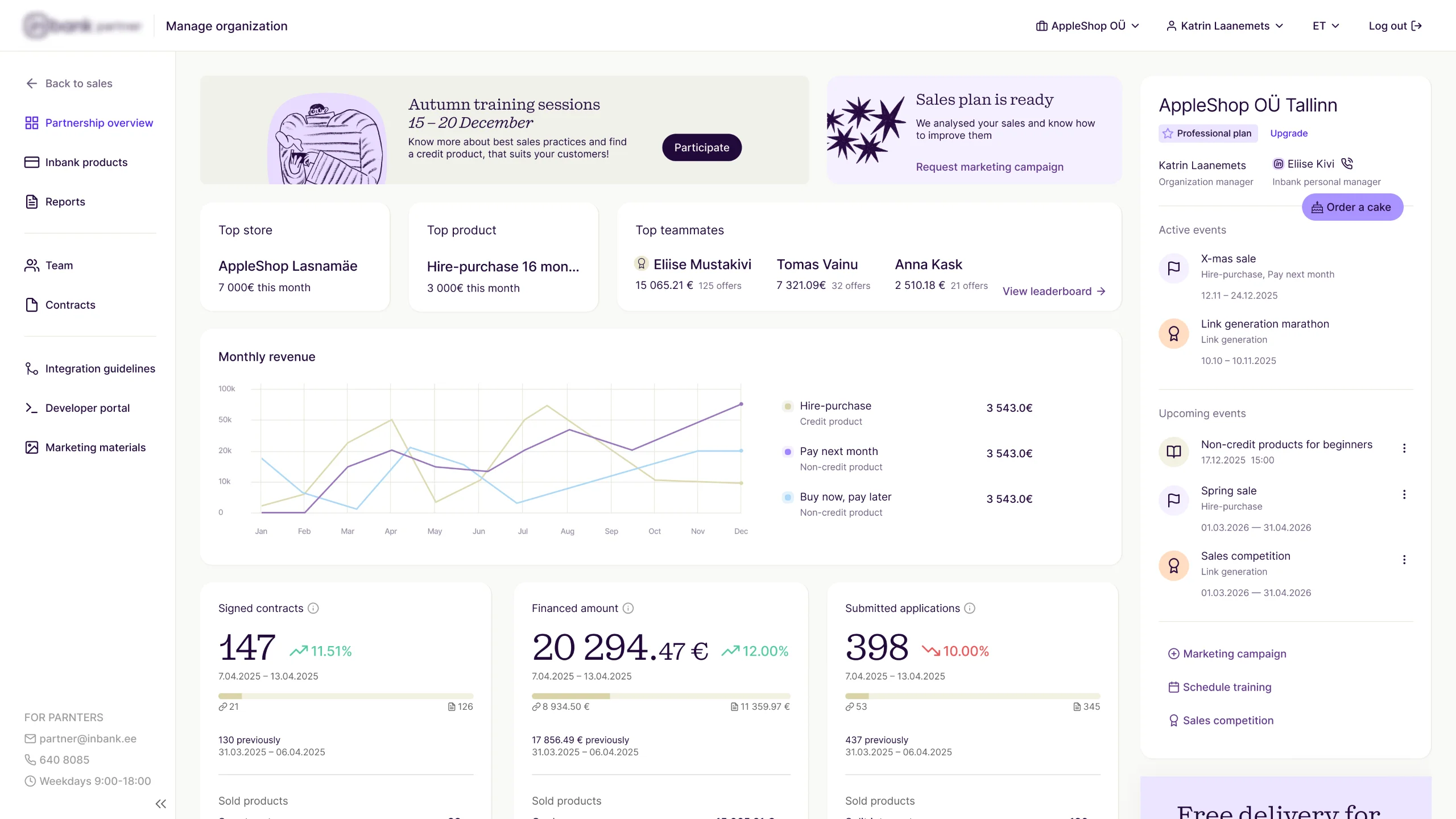 Manager dashboard: training banner, top store and product, revenue chart, events