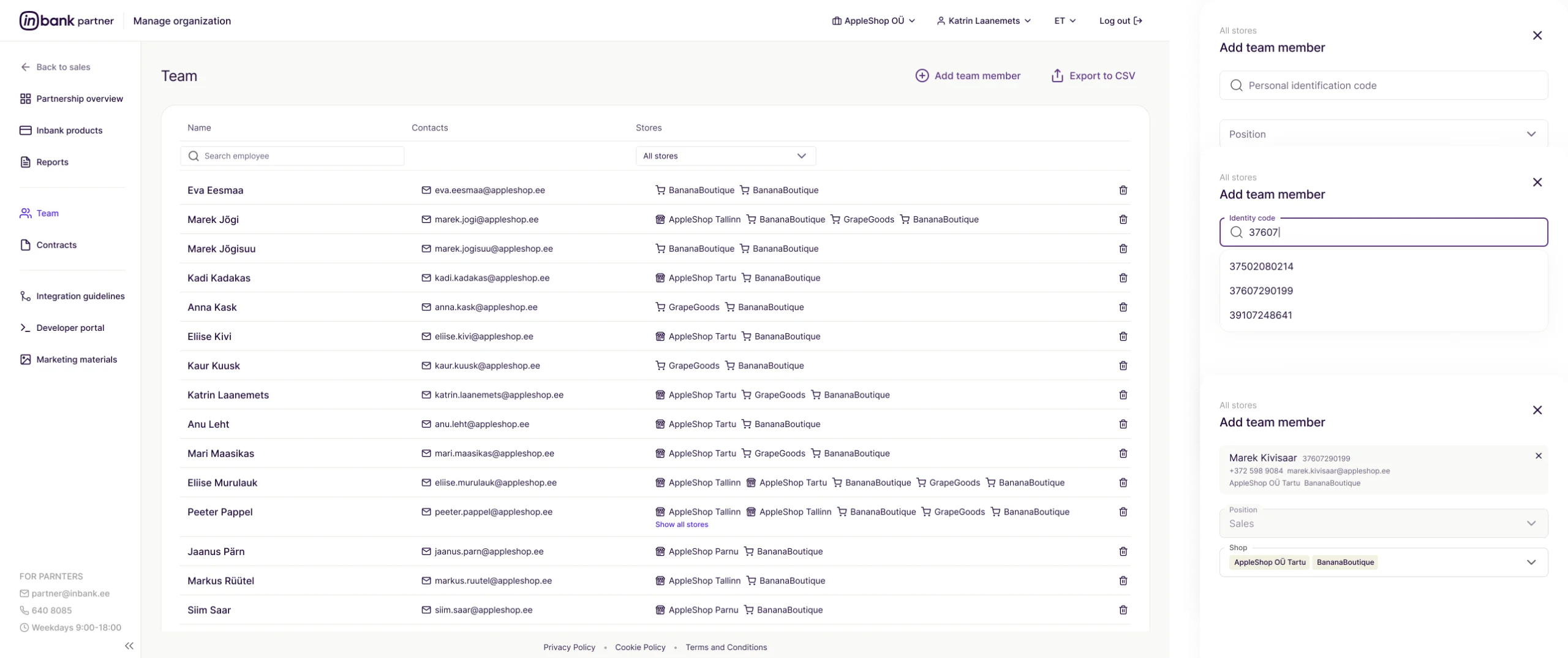 Team page with employees and stores, and the Add team member flow: search by personal identification code, then set position and shop