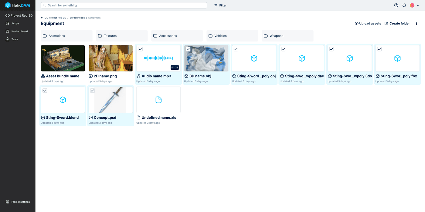 Asset library grid in dark navigation