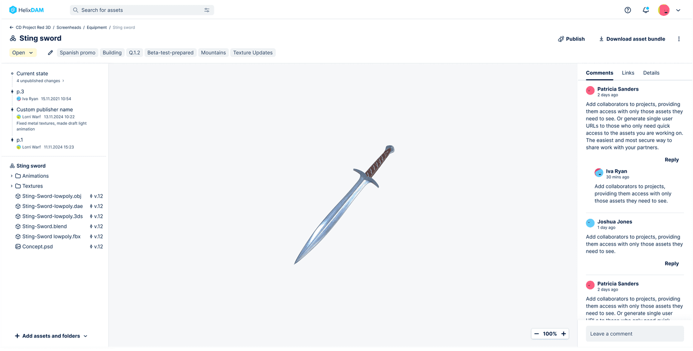 Asset view with version tree, 3D preview and comments