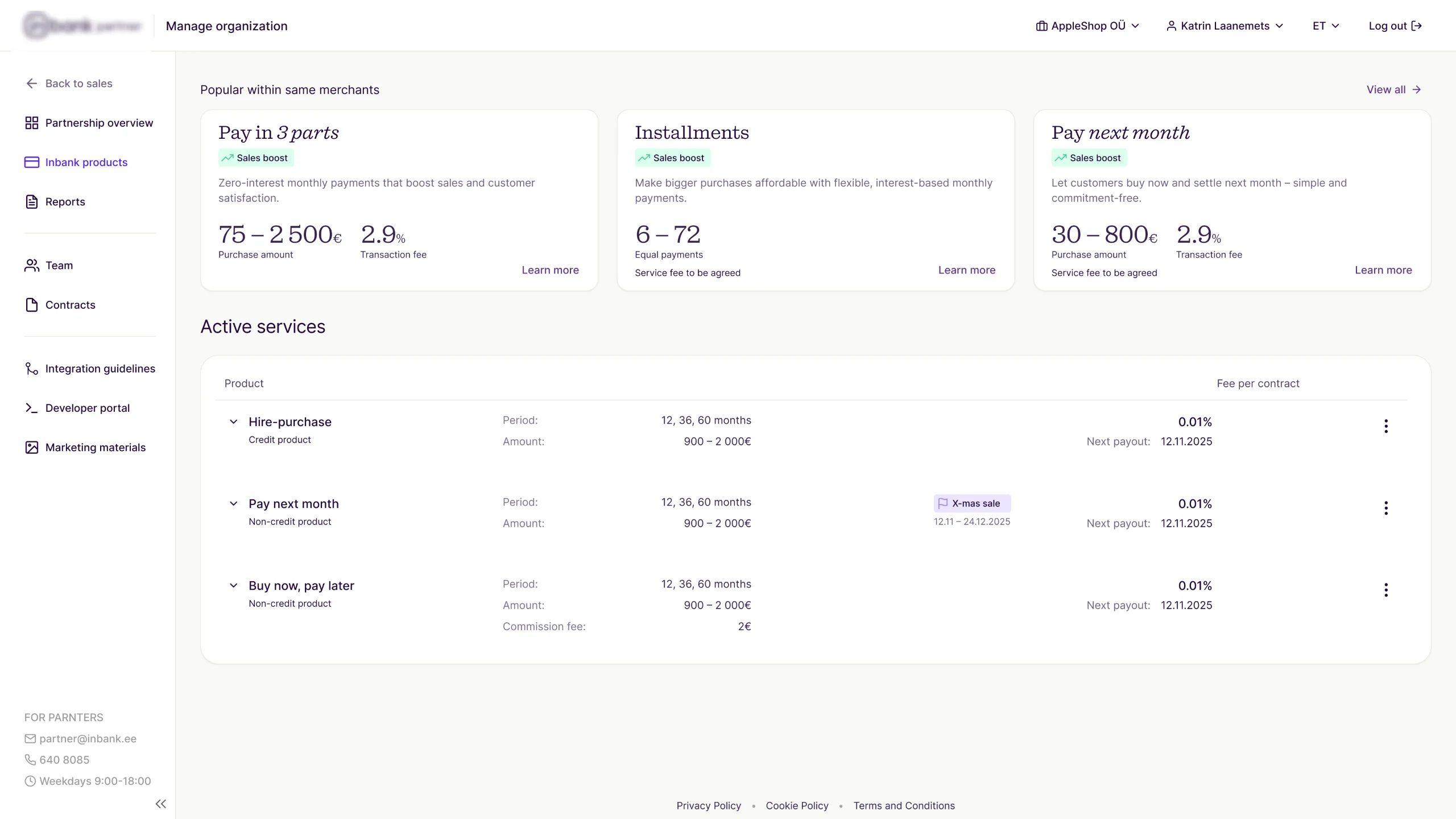 Inbank products list with promotions in the Partner Portal