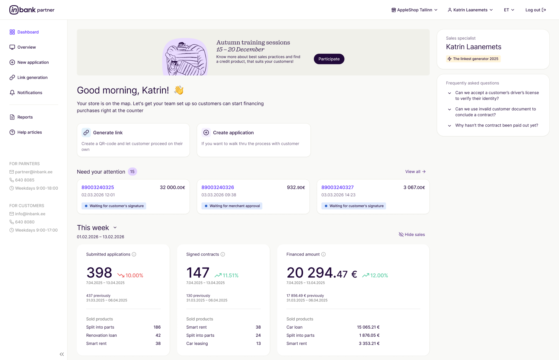 Partner Portal dashboard with the Autumn training banner and weekly sales