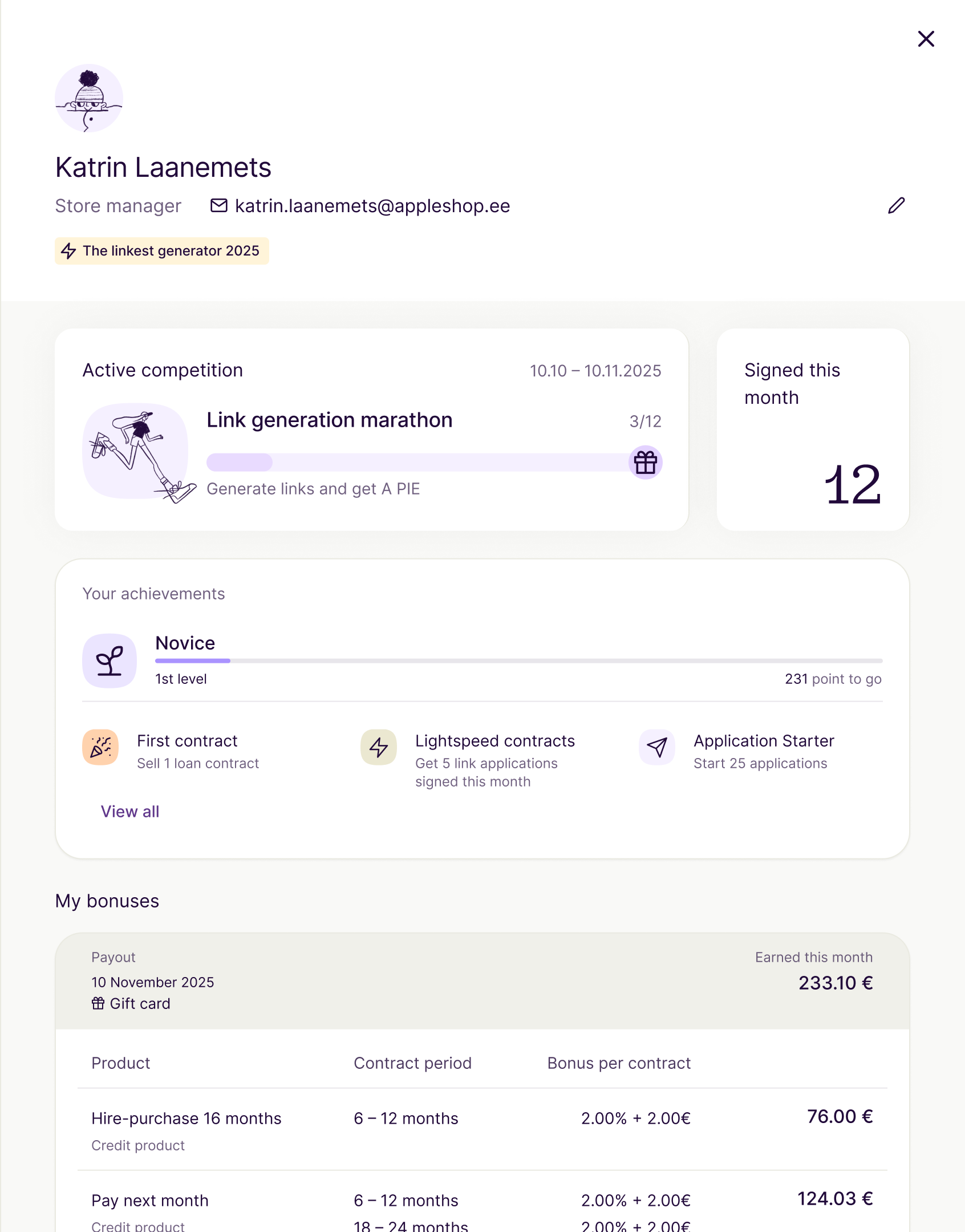 Salesperson profile with an active competition, achievements and bonuses